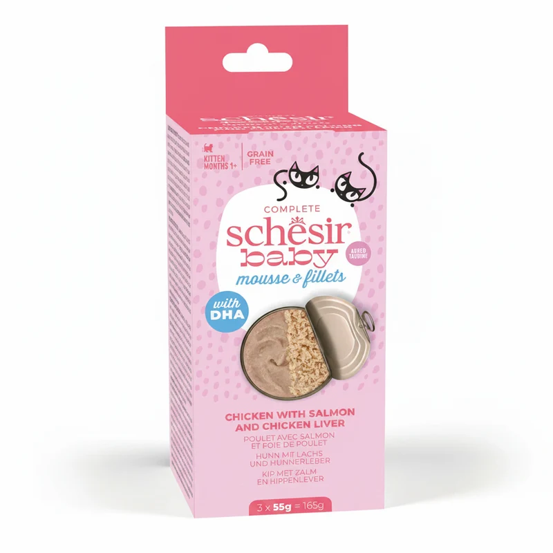 Schesir Baby Mousse & Fillets Chicken With Salmon & Chicken Liver Multipack Kitten Wet Cat Food In Can 165G 3X55G