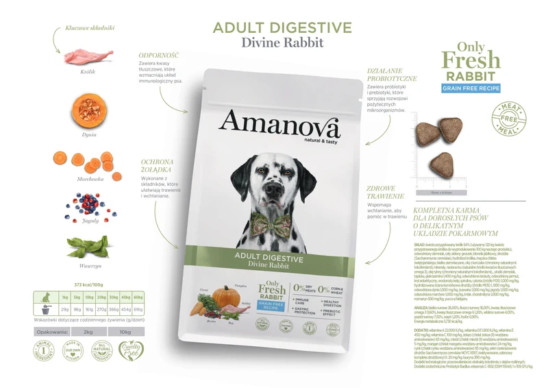 Amanova Dog Adult Digestive Divine Rabbit 10 kg - monobiałkowa receptura z 64% świeżego królika
